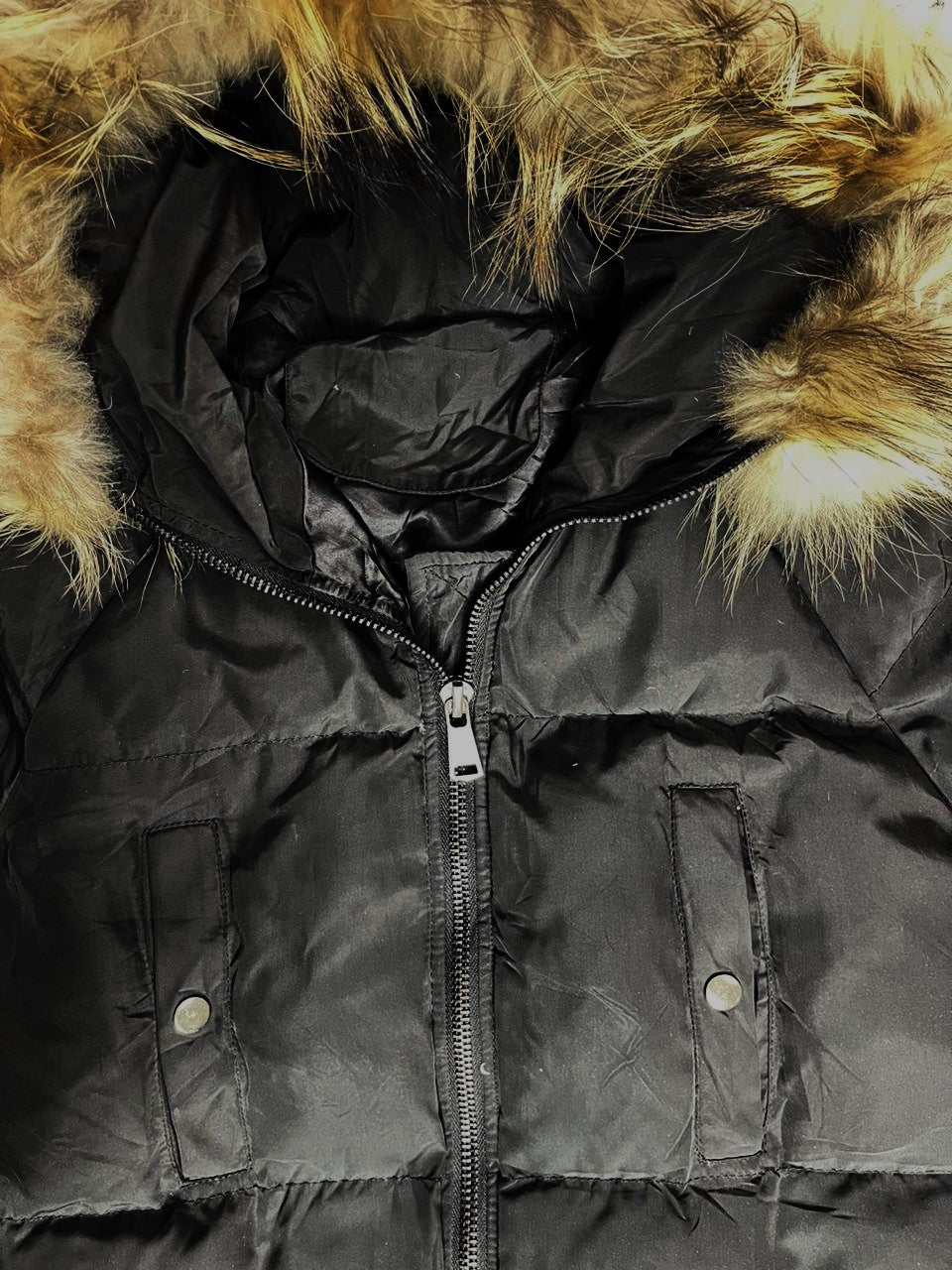 Women’s Long Down Jacket – Black with Fox Fur Hood (Large)