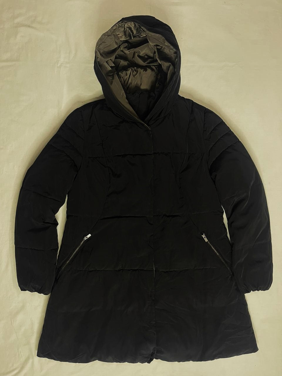 COUPS Ladies Long Down Jacket – Black × Dark Champagne (Medium)