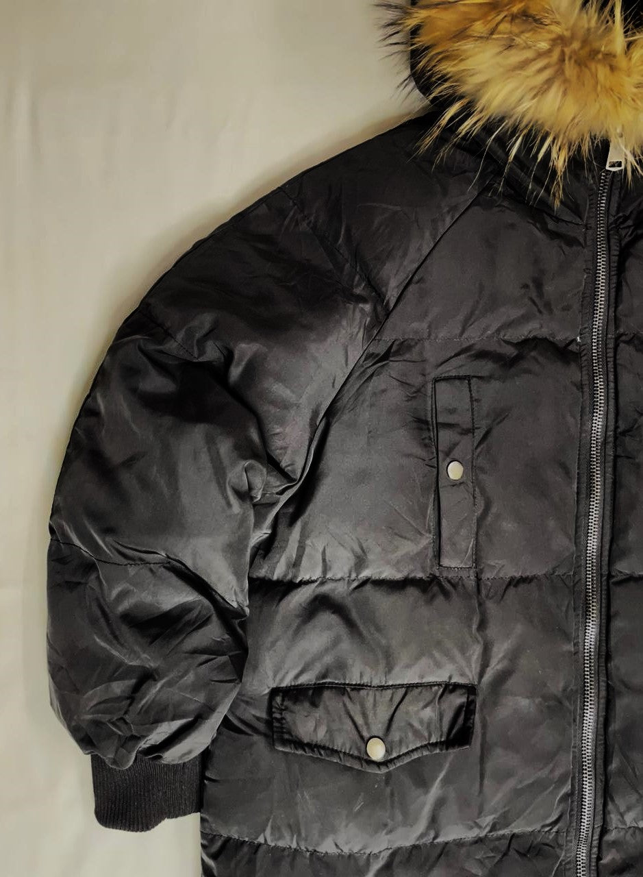 Women’s Long Down Jacket – Black with Fox Fur Hood (Large)