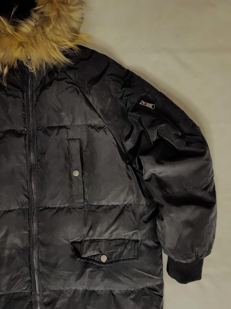 Women’s Long Down Jacket – Black with Fox Fur Hood (Large)