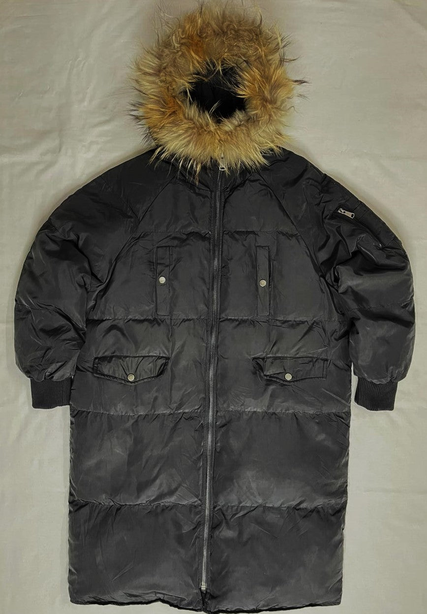 Women’s Long Down Jacket – Black with Fox Fur Hood (Large)