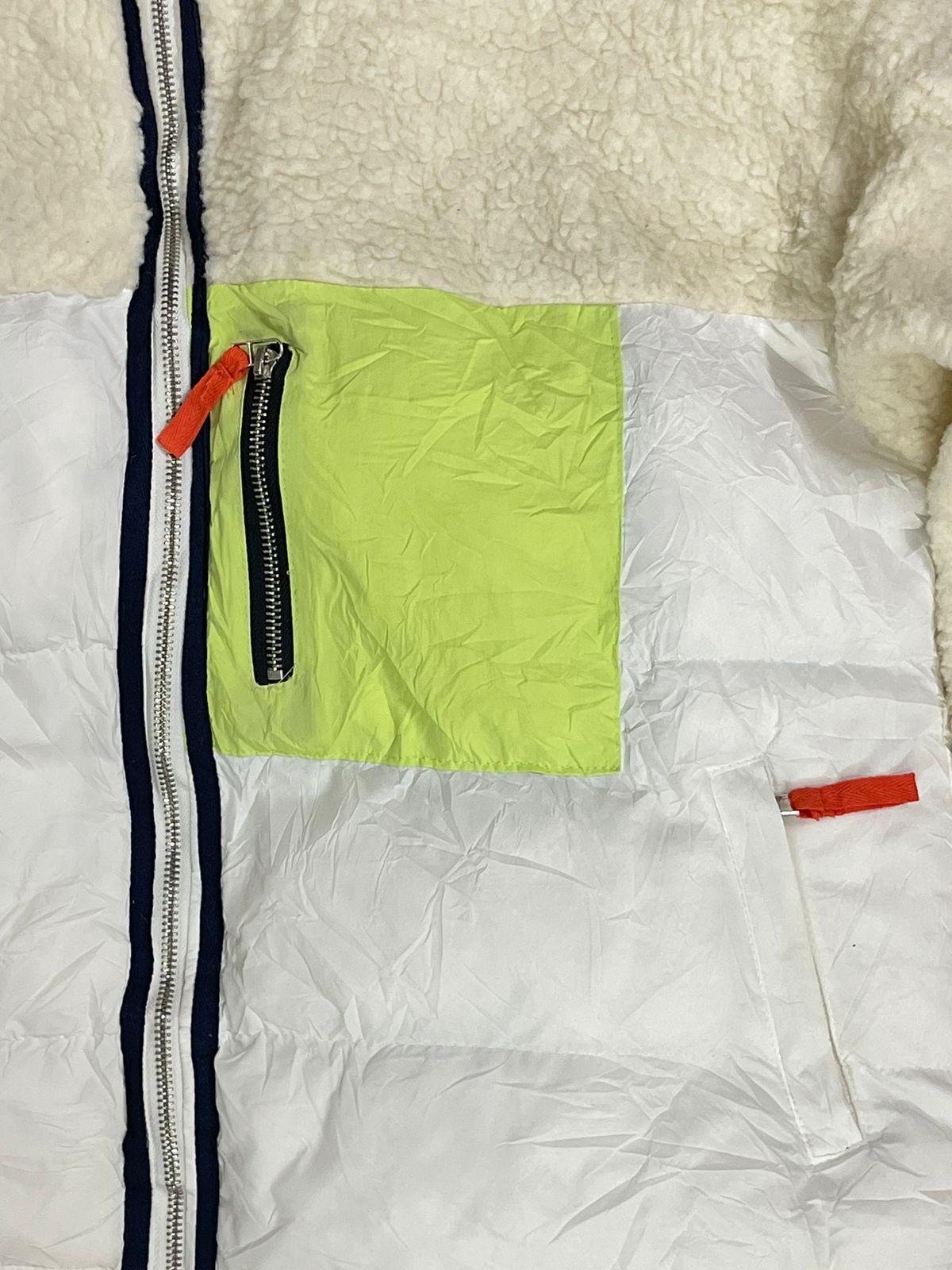 Fancy Teddy–Puffer Hybrid Jacket – White/Orange/Parrot Green – Men’s L