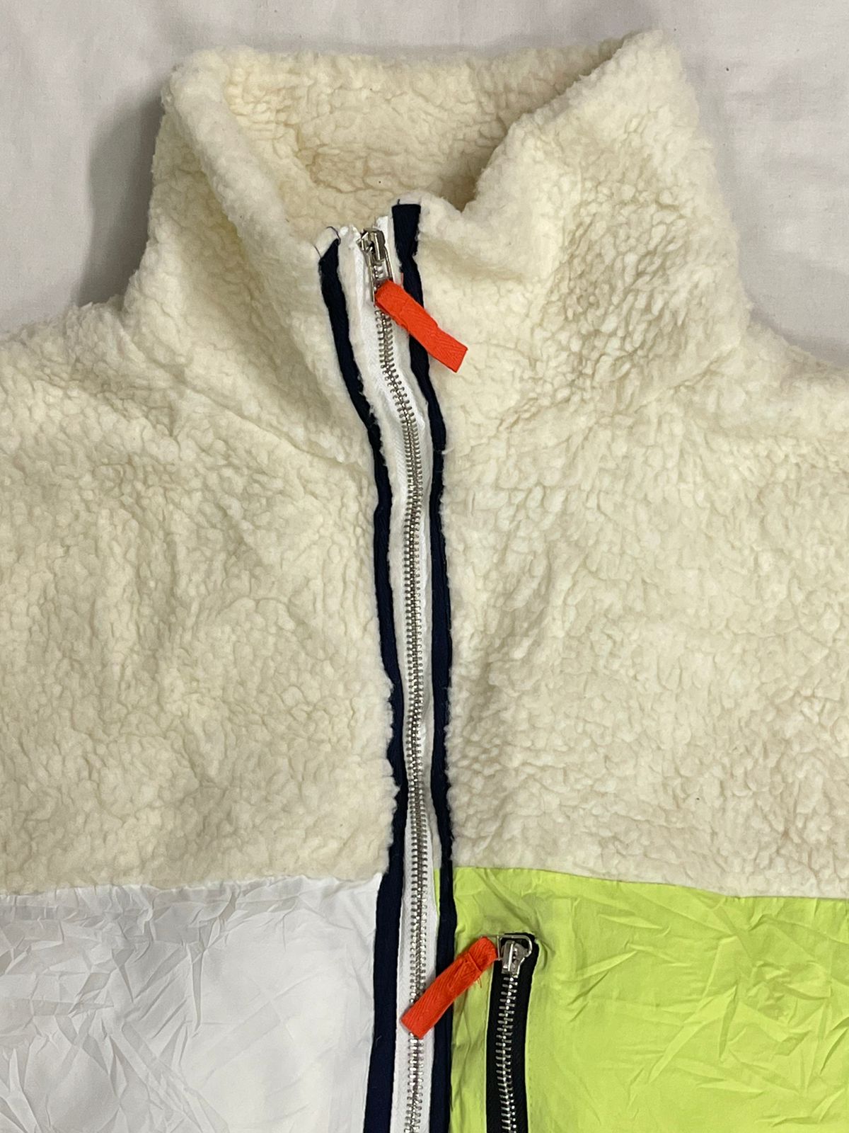 Fancy Teddy–Puffer Hybrid Jacket – White/Orange/Parrot Green – Men’s L