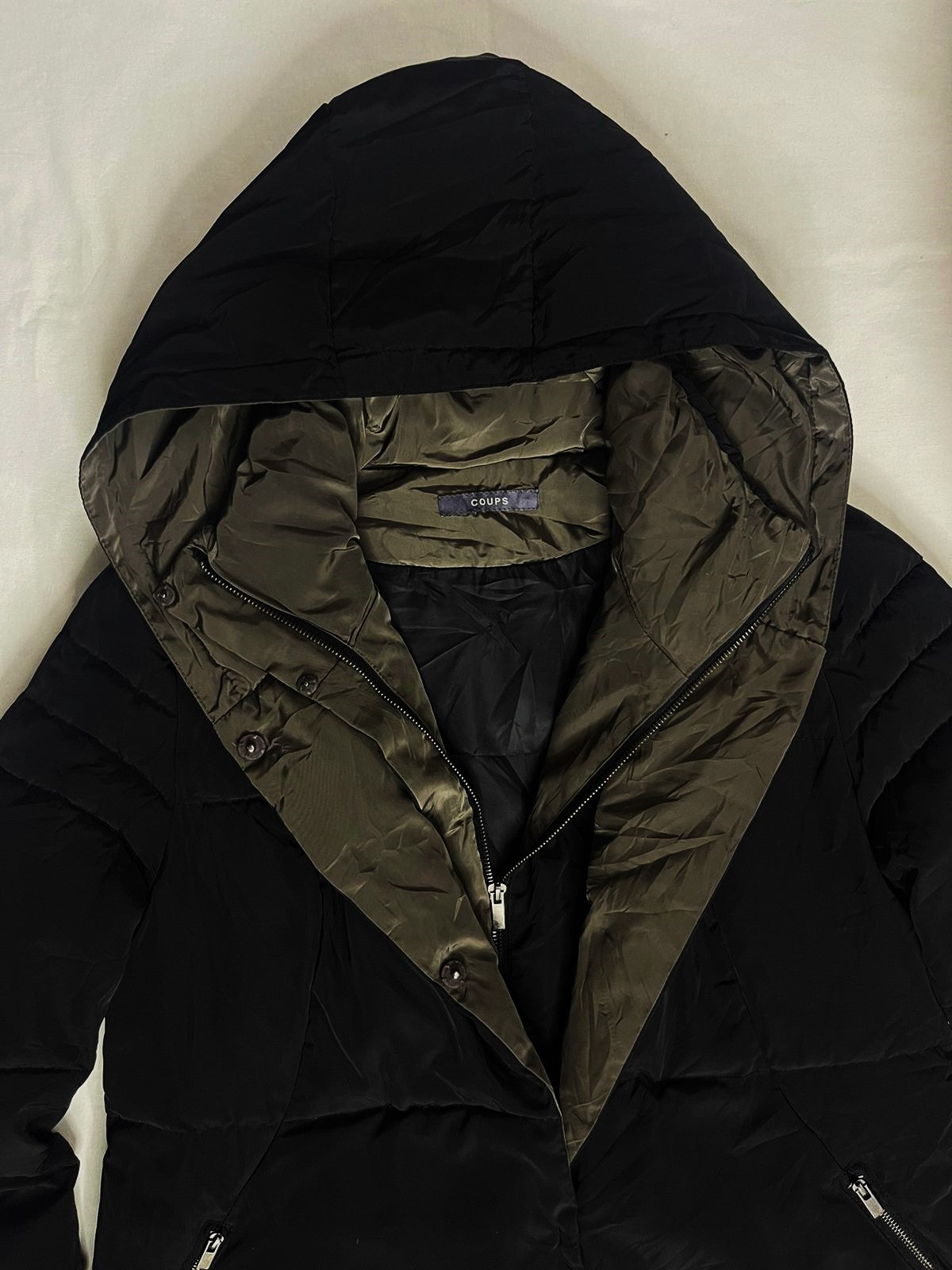 COUPS Ladies Long Down Jacket – Black × Dark Champagne (Medium)