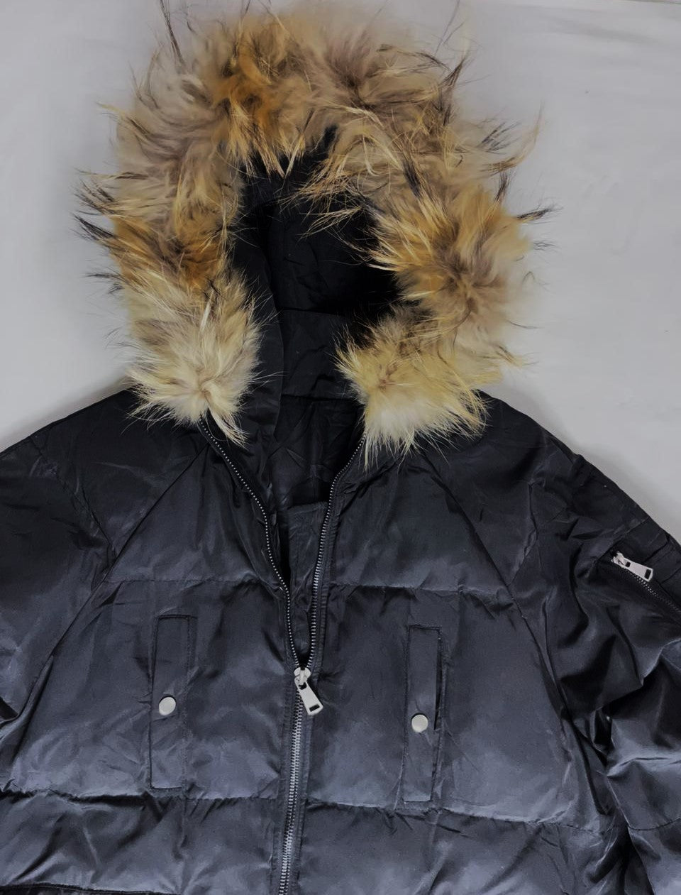 Women’s Long Down Jacket – Black with Fox Fur Hood (Large)