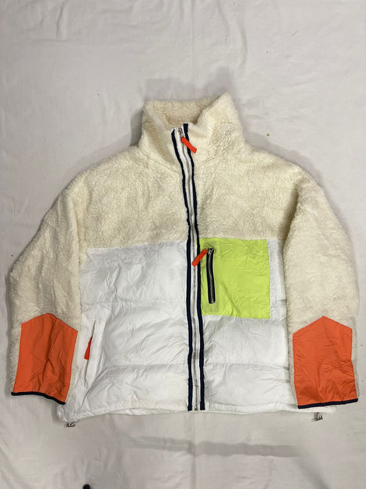 Fancy Teddy–Puffer Hybrid Jacket – White/Orange/Parrot Green – Men’s L