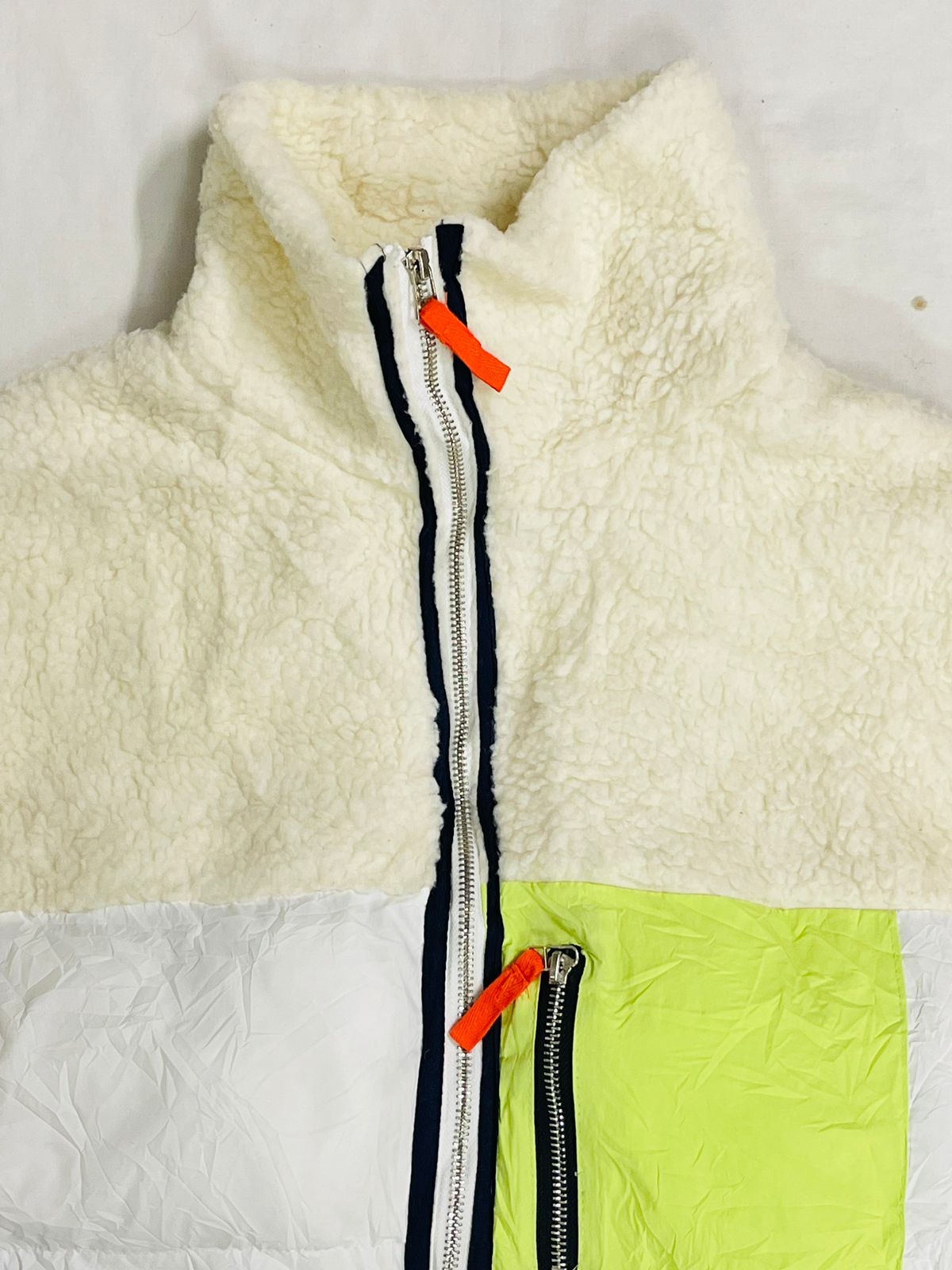 Fancy Teddy–Puffer Hybrid Jacket – White/Orange/Parrot Green – Men’s L