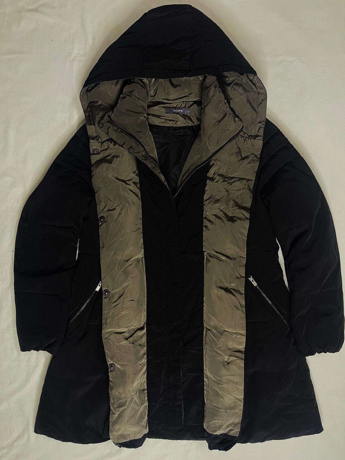 COUPS Ladies Long Down Jacket – Black × Dark Champagne (Medium)