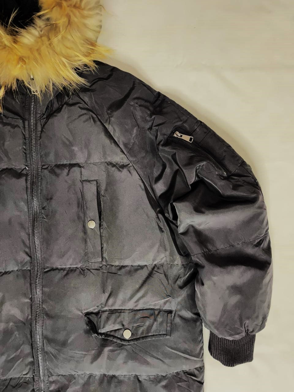 Women’s Long Down Jacket – Black with Fox Fur Hood (Large)