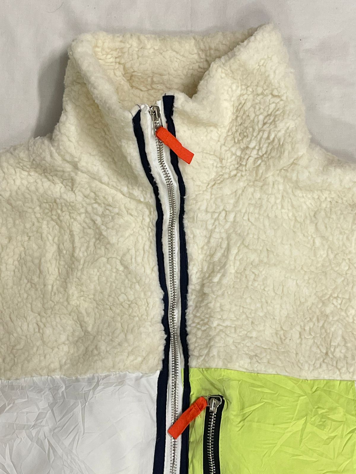 Fancy Teddy–Puffer Hybrid Jacket – White/Orange/Parrot Green – Men’s L