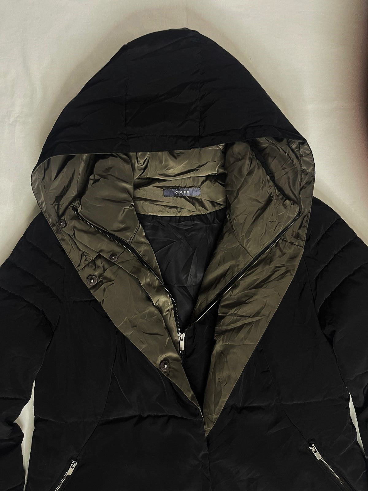 COUPS Ladies Long Down Jacket – Black × Dark Champagne (Medium)